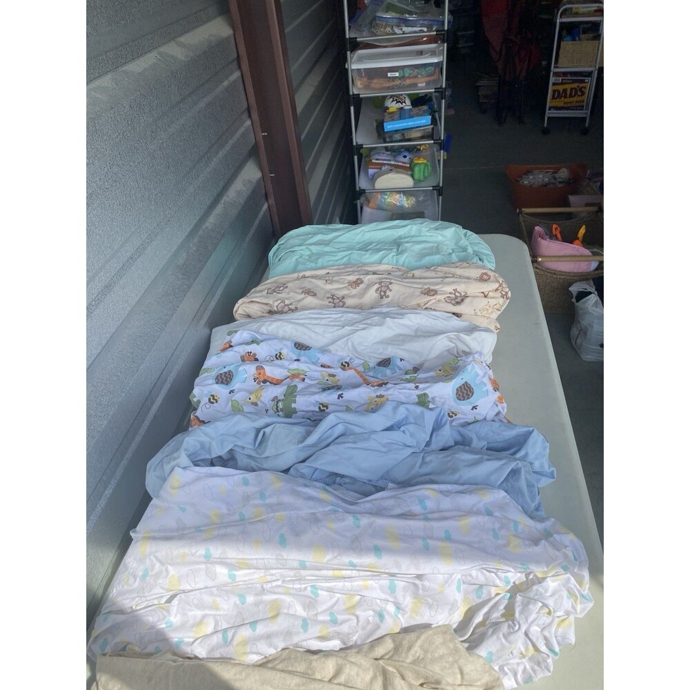 Lot of 7 Baby Crib Fitted Sheets Standard Size Safari Animals Clouds Solid Color
